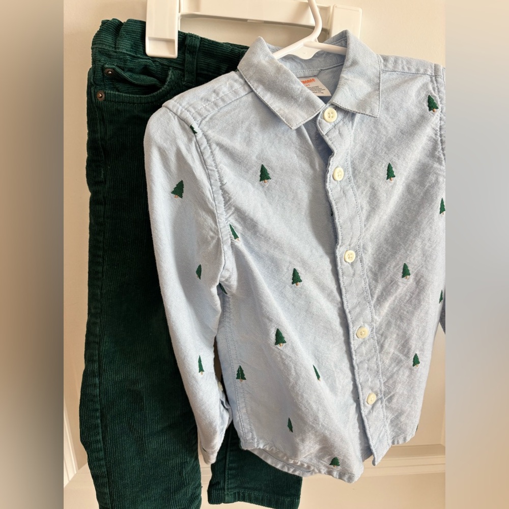 Gymboree toddler boy Set Green Corduroys & Embroidered Tree collared shirt